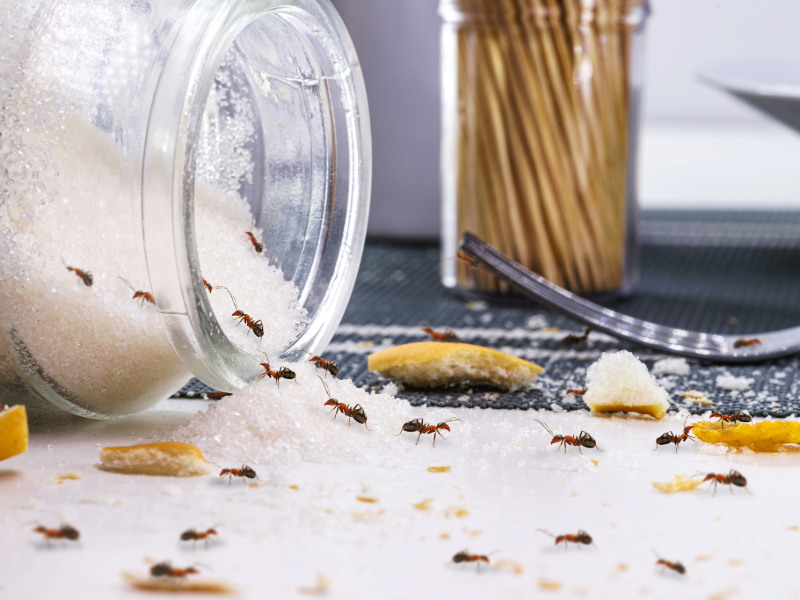 mulitple ants crawling over spilled sugar for a glass jar