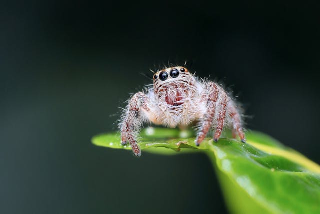 A grey jumping spider on a leaf, one of the common spiders in the Pacific Northwest
