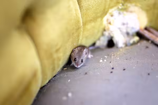 Small grey mouse under a green pillow or blanket surrounded by mouse droppings, a sign you need pest control